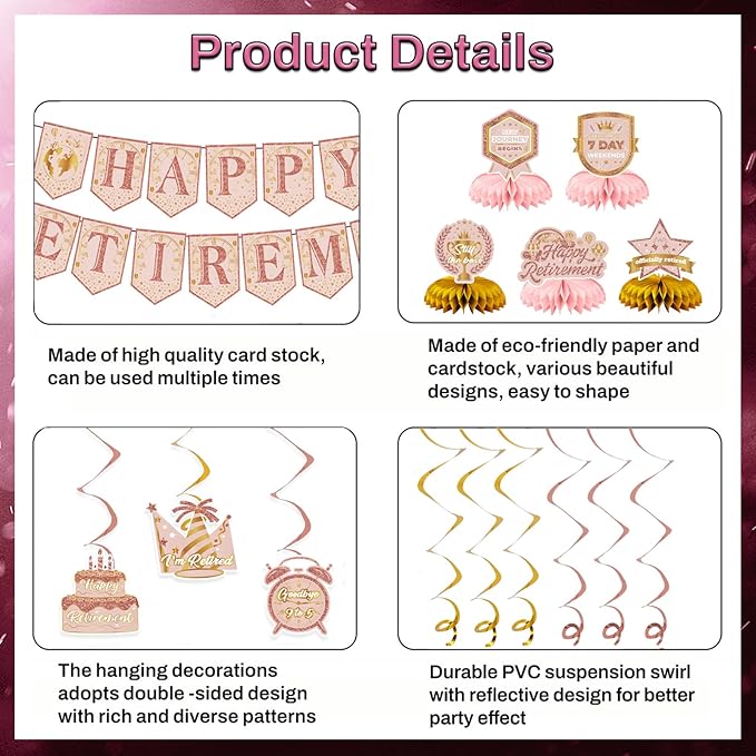 12Pcs Retirement Party Decorations for Men Women Rose Gold Happy Retirement Banner Honeycomb Centerpiece Swirls Party Supplies Retired Farewell Party Set Work Graduation Party Decorations