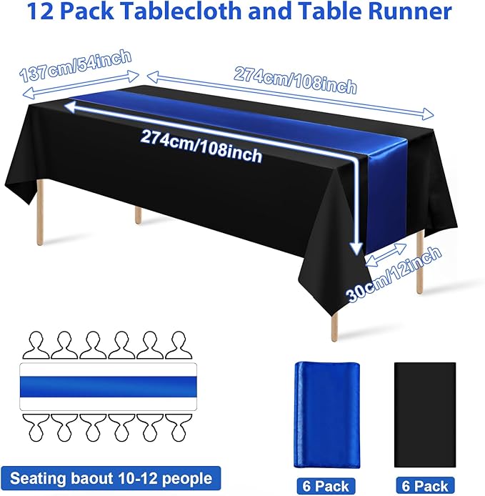 12Pack 12x108 Inch Satin Table Runner and 54x108Inch Plastic Tablecloths Set Black and Blue Disposable Rectangle Table Cover for Graduation Wedding Bridal Shower Anniversary Birthday Party Decorations