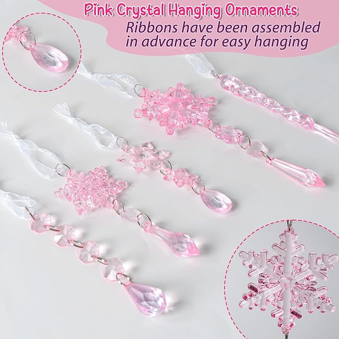 18pcs Crystal Christmas Ornaments for Christmas Tree Decorations-Light Pink Hanging Acrylic Snowflake and Icicle Ornaments with Drop Pendants for New Year Party Decorations Supplies