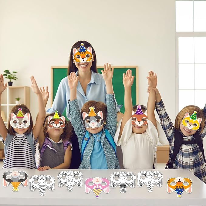 36 Set Cat Coloring Mask Animal Paper Arts Crafts Kids Color Your Own Birthday Cat Blank DIY Mask Masquerade Birthday Party Dress-Up Decoration Favor School Classroom Activity Game Supplies