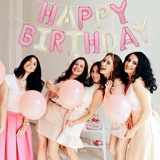 TONIFUL Happy Birthday Balloons with Ribbon Straw 16 Inch Mylar Letters Balloons Sign Banner Bunting Reusable for Girls Boys Kids & Adults Party Decorations Supplies（Cream White Pink）