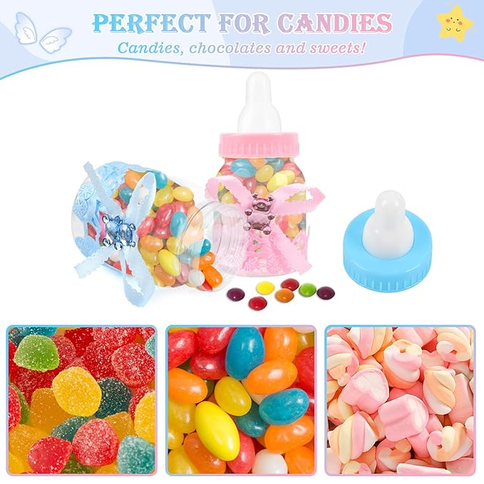 MACTING 2 Dozens Feeding Bottle Candy Box with 6pcs Artificial Flower Rose, 3.5 Inch Boys Girls Favor Baby Bottles for Baby Shower Favor Gift Decoration, Blue Pink