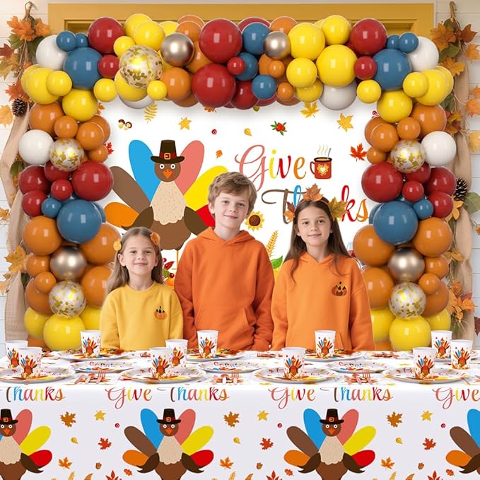 295 Pcs Turkey Thanksgiving Decorations Autumn Disposable Dinnerware Decorations Includes Plates, Cup, Napkin, Tablecloth, Give thanks Themed Balloons Disposable Tableware Serve 24 Guests