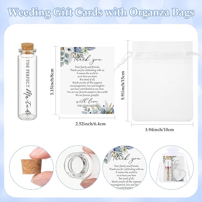 Wovnet 50 Sets Wedding Party Favors for Guests Bulk Including Heart Shaped Candles and Empty Matches Jars with Cork Top Thank You Cards and Organza Bags for Wedding Bridal Shower Party (Blue Flower)