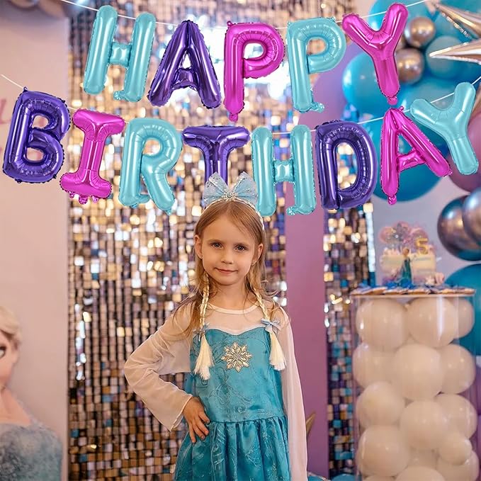 TONIFUL Happy Birthday Balloons Banner with Ribbon Straw,16 Inch Mylar Letters Birthday Sign Banner Balloon Bunting Reusable for Girls Kids & Adults Birthday Halloween Supplies（Blue Purple Pink）