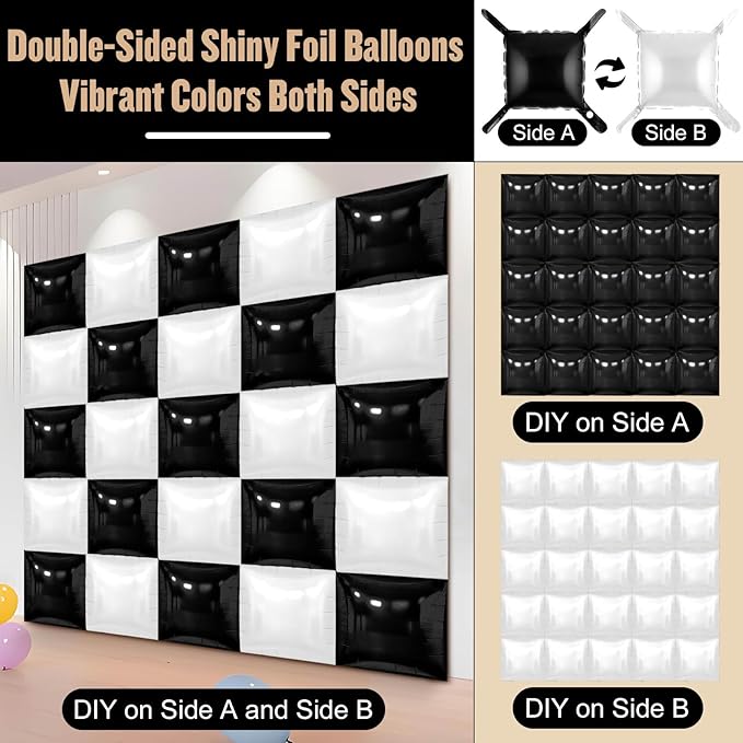 36Pcs Black and White Square Foil Balloons Wall Backdrop, Double Sided Metallic Foil Balloons Tunnel Arch Garland Kit for Photo Booth Birthday Wedding Halloween Christmas Party Decorations