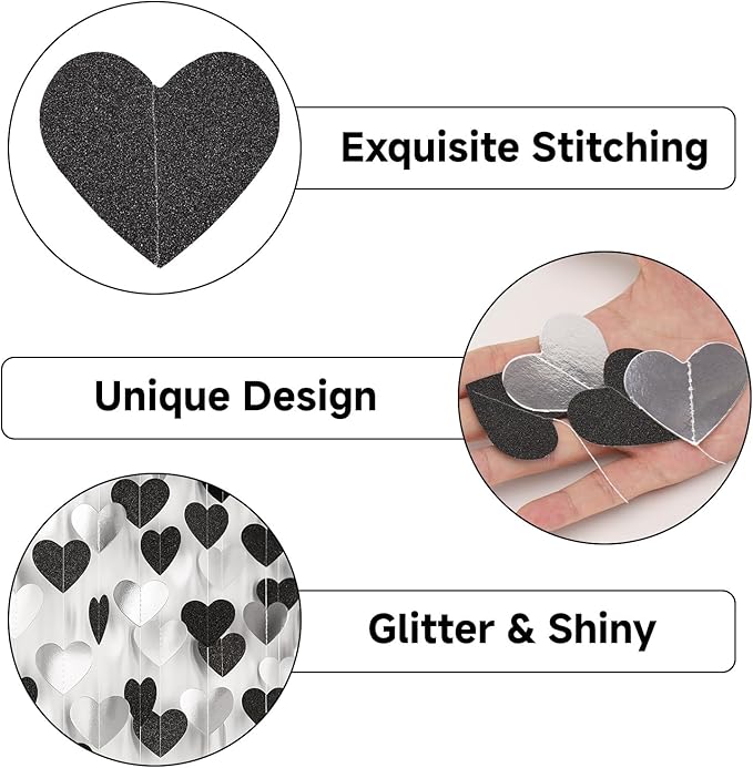 GCQQ Black White Silver Party Decorations - 52FT Black Glitter Heart Garland 4 Pack Paper Birthday Hanging Streamer Garlands for Valentine's Day Wedding Engagement Anniversary Bachelorette Party Decor