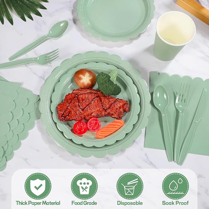 175 Pcs Party Plates and Cups and Napkins Sets, 9" Easter Plates, 7" Dessert Plate, 9oz Cups & Cutlery, 25 Guest Scalloped Sage Green Party Supplies for Easter, Bridal Baby Shower, Birthday