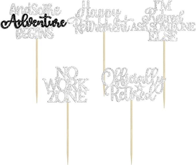 Gyufise 30Pcs Happy Retirement Cupcake Toppers Officially Retired No Work Zone Adventure Begins Cupcake Picks for Retirement Theme Farewell Birthday Party Cake Decorations Supplies Silver