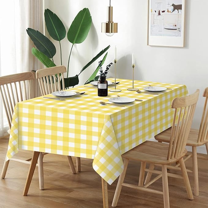 QIKSION Yellow Gingham Tablecloth Disposable 3 Pack, 54 x 108 Inch Yellow and White Checkered Table Cloth for Easter Decorations, Birthday Party Supplies, Rectangle, Plastic Table Cover