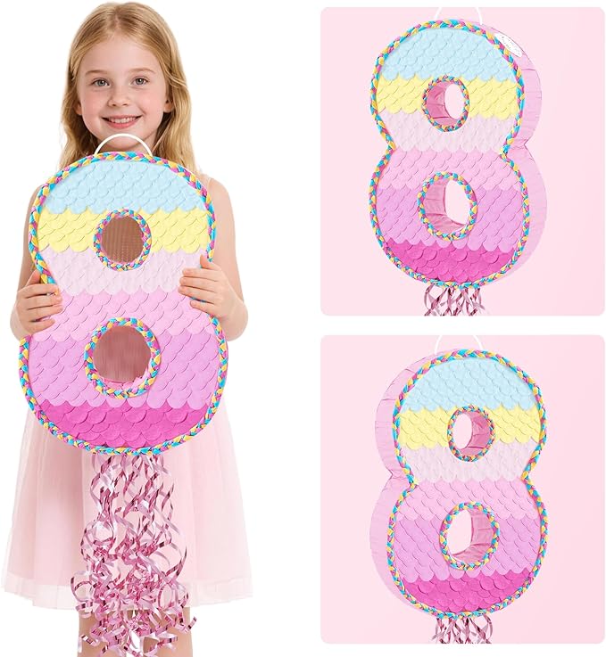 WERNNSAI Number 8 Piñata – Pink 8th Birthday Party Decorations Rainbow Ombre Eight Piñata for kids girls with Blindfold and Stick for 8 Year Birthday Supplies Princess Anniversary Decoration