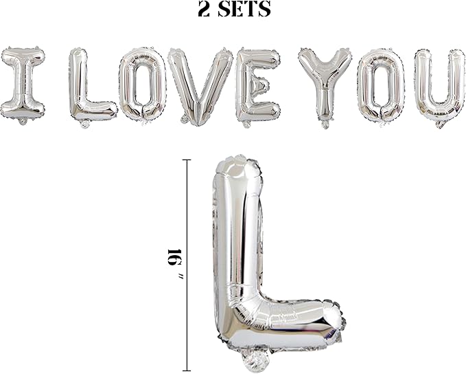 2 Set 16Pcs Silver I LOVE YOU Letter Balloons 16in Balloon Foil Letter Decorations Party Decor Silver Letter Balloons I LOVE YOU Party Supplies