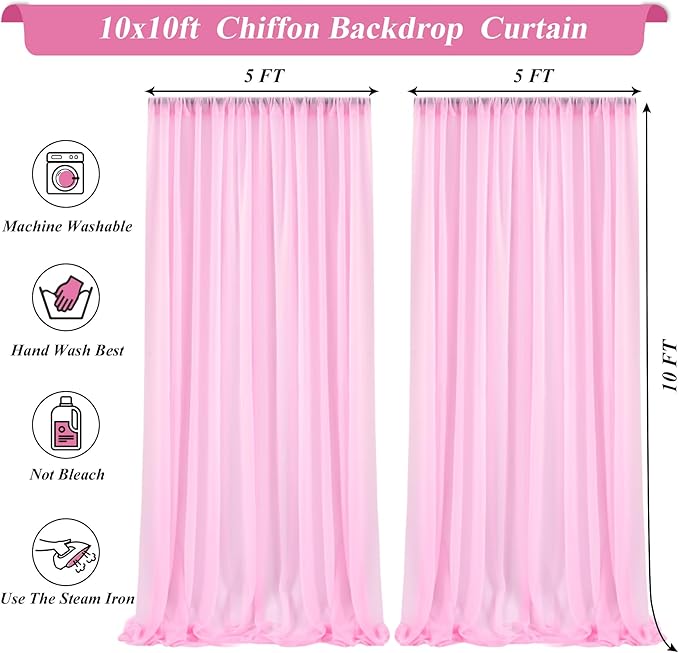 10x10ft Pink Chiffon Backdrop Curtain with Lights String for Wedding Sheer Tulle Curtain Photo Backdrops Drapes for Baby Shower Birthday Party Home Ceremony Decorations