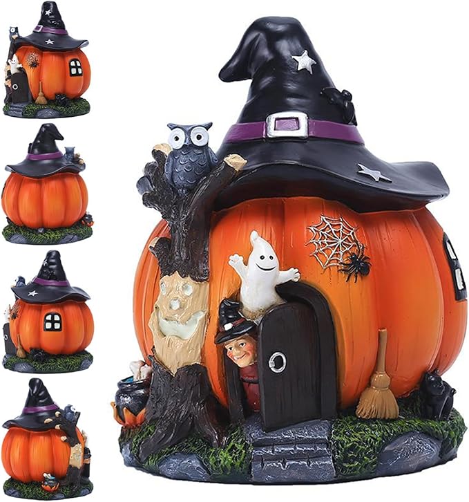 Halloween Statue Resin Luminous Witch Pumpkin Ornament Waterproof Halloween Pumpkin Decorations for Garden Outdoor Halloween Ornaments for Garden Haunted House Props Halloween Resin Ornaments Hallowee