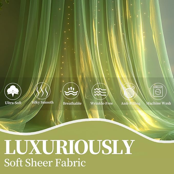 10x10ft Sage Green Tulle Backdrop Curtain with String Lights, Wrinkle-Free Sheer Wedding Backdrop for Birthday Parties, Baby Showers, Bridal Showers, Photo Shoots and Home Decor, Sage Green