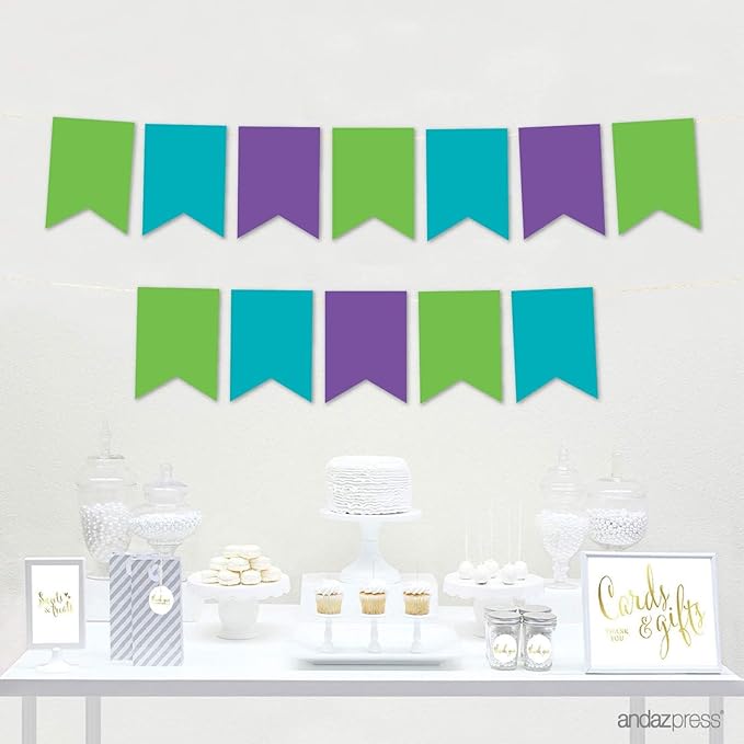 Andaz Press Hanging Pennant Banner with String, Kiwi Green, Turquoise Aqua, Royal Purple, 1-Set, 24 Pennants, Approx. 12-Feet Long, Mermaid Birthday Theme Colored Supplies