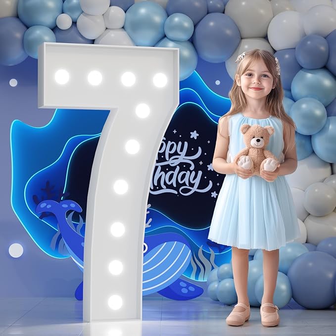 Marquee Number 7th-Birthday Decorations: 4FT Large Light up Numbers 7 Big Sign for Boy Girl Seventh Birthday Sweet Seven Year Old Party Decor Anniversary Graduation Wedding Engagement Mosaic Balloon