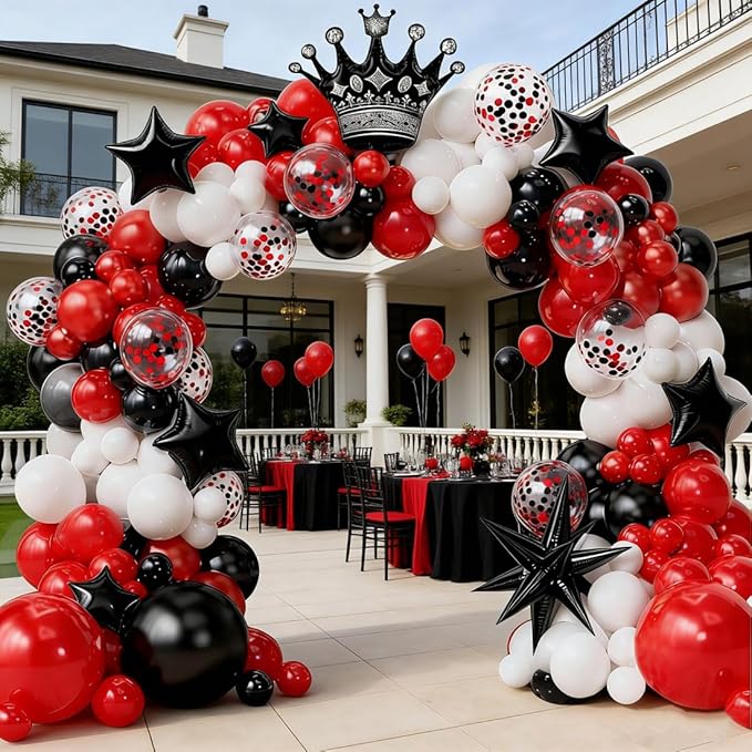 Black and Red White Balloon Garland kit,Red Black Confetti Crown star Foil balloons for Birthday Party anniversary wedding graduation