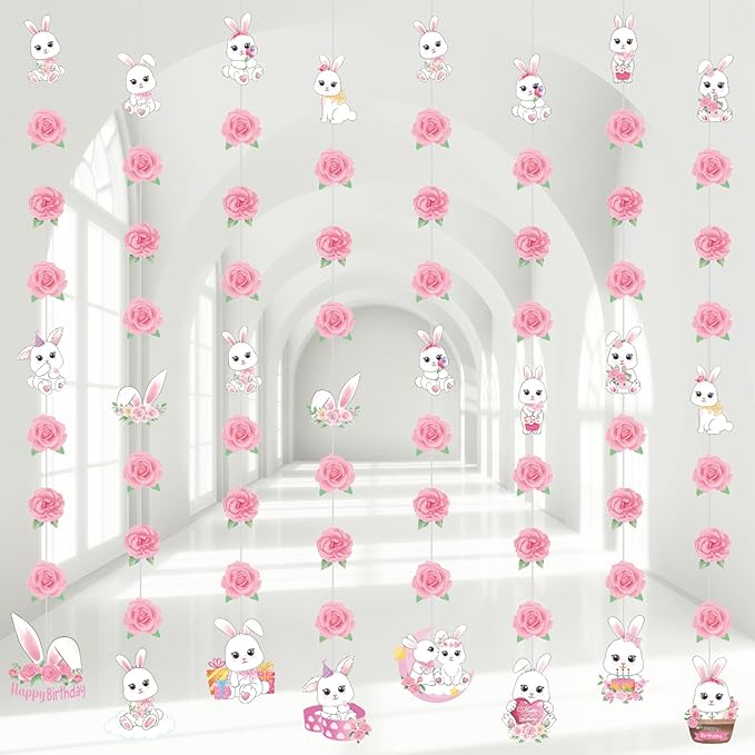 8 Pcs Easter Bunny Birthday Party Decorations Bunny Birthday Hanging Garlands Banner Pink Rose White Rabbit Paper Cutouts Streamer for Girls Wall Ceiling Decor Rabbit Party Supplies