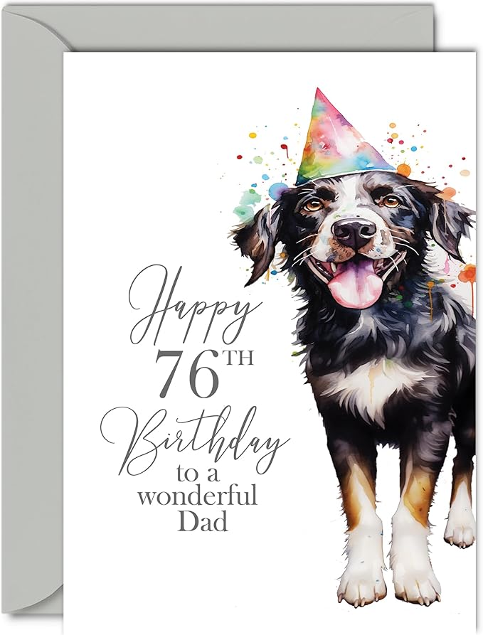 76th Birthday Cards for Dad - Party Dog - Happy Birthday Card for 76 Year Old Dad from Daughter Son, 5x7 Inch Bday Man Men Him Greeting Cards Gift for Dad Birthday Gifts