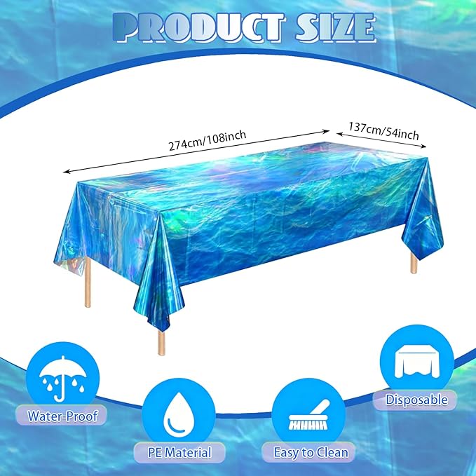 3-Pack Iridescent Wave Pattern Tablecloths, Holographic Shimmering Ocean Blue Disposable Tablecloths, 54 Inches x 108 Inches, Perfect for Summer Beaches, Birthdays, and Pool Party Decorations