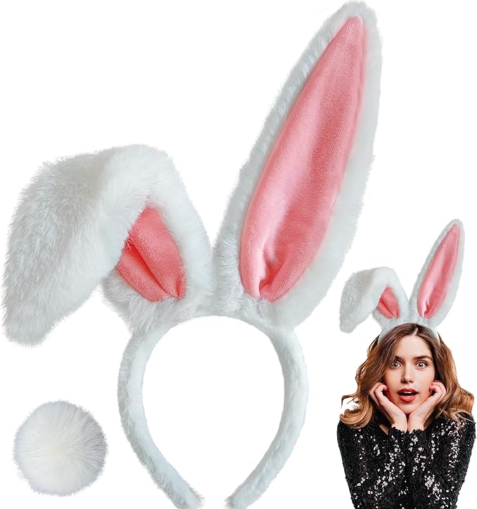 IGMaryBox Furry Bunny Ears Headband and Tail Plush Rabbit Ears Headband White Bunny Ear Hairband for Adult Women Easter Rabbit Costume Headwear Halloween Party