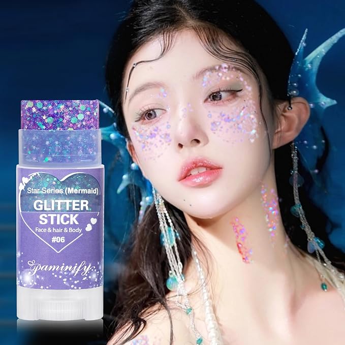 Purple Hair Glitter Stick for Kids,Mardi Gras Outfit for Women,Waterproof Mermaid Body Face Glitter Makeup,Mardi Gras Accessories Chunky Sequins,Halloween Glitter Body Paint for Carnival Festival