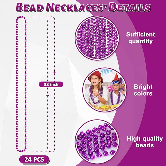 50PCS Mardi Gras Beads, Purple Bead Necklace Party Favors, 33" Necklaces, Festival Parade Throw Accessories for Halloween Mardi Gras Wedding Birthday Celebrations Decorations