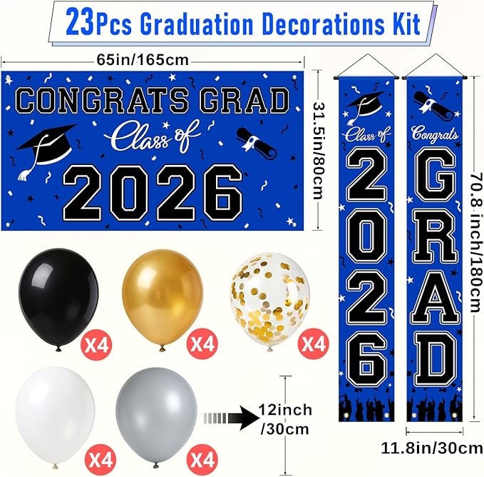 WOHOHOHO 23Pcs Graduation Decorations 2026 Set, Blue Porch Door Sign GRAD Banner, Class of 2026 Backdrop, 5 Colors Large Balloons, Hanging Party Supplies for High School College Indoor Outdoor Decor