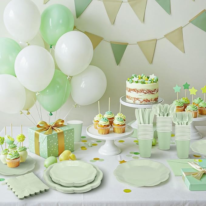 175 Pcs Sage Green Plates and Napkins Set, 25 Guest Sage Green Party Supplies Include Scalloped Easter Plate Napkin Cup Forks Knives Disposable Plastic Cutlery for Wedding Baby Shower Birthday