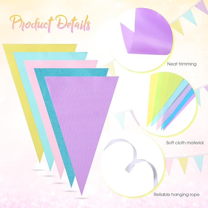 Tatuo 120 Pcs/45 Feet Pennant Banner Flags 4 Pack Pastel Garland Party Decorations Colorful Triangle Bunting Banner Fabric Pennant Flag for Pastel Birthday Easter Garden Baby Shower Wedding Outdoor