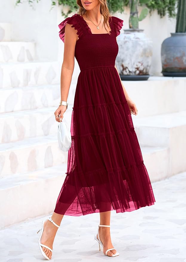 PRETTYGARDEN Women's Summer Tulle Midi Dress Sleeveless Smocked Ruffle Flowy Mesh Dresses Party Wedding Guest Sundress