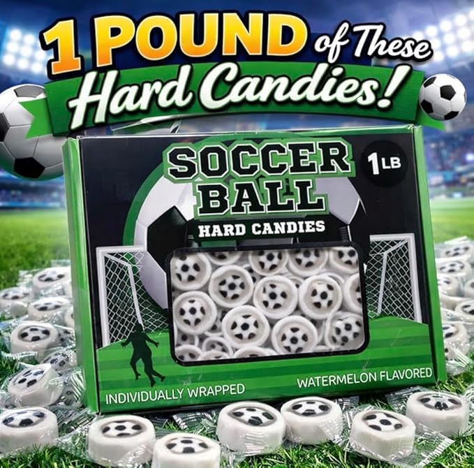 Soccer Ball Hard Candy, Watermelon Flavor, Individually Wrapped, 110+ Pieces, 1 lb Bulk Party Favors for Teams, Goodie Bags, Birthday Treats