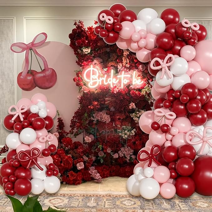 Pink and Red Balloon Arch Kit, Double Stuffed Balloons and Bows for Retro Soda Theme Baby Shower Coquette Cherry Themed Birthday Wedding Romantic Valentines Party Decorations