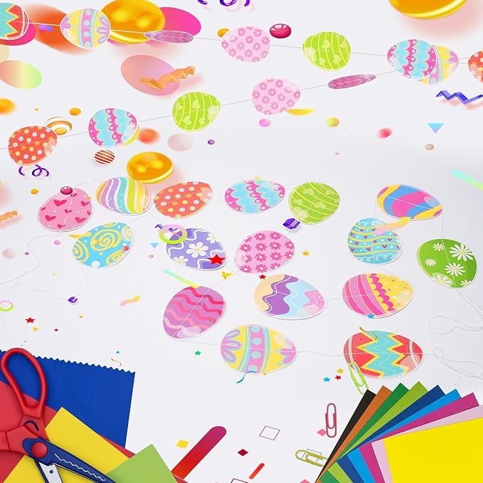 AhfuLife Easter Egg Garland Decorations, Happy Easter Paper Banner Party Decorations 6pcs Hanging Eggs for Home Party Favors Supplies