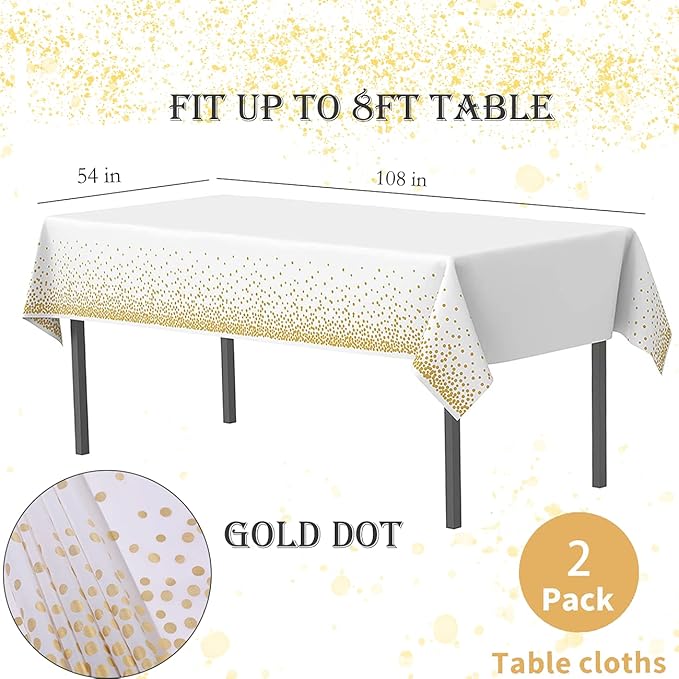 2 Pack White and Gold Tablecloth Disposable Gold Tables Tablecloths for Rectangle 54" x 108" Plastic Tablecloth Party Table Covers for Birthday Thanksgiving Christmas Wedding Outdoor BBQ (White)