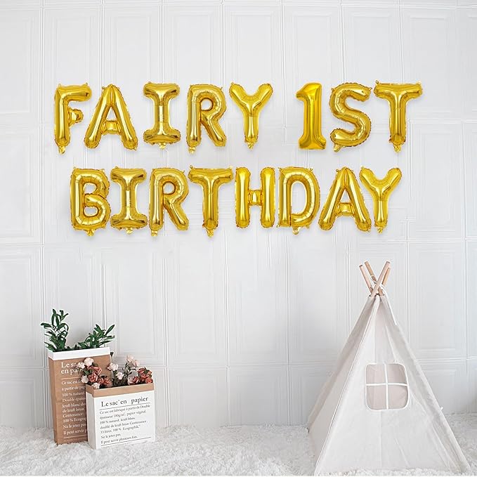 2 Set 32Pcs Gold Fairy 1st Birthday Letter Balloons 16in Foil Decorations Party Decor Supplies
