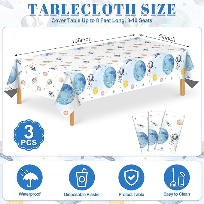 3 Pack First Trip Around The Sun Space Tablecloths, 54 x 108 Inch Outer Space Themed Tablecloth Waterproof Rectangle Star Party Table Cover for 1st Birthday Baby Shower Home Party Decorations
