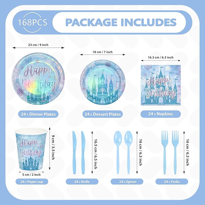 168Pcs Frozen Themed Birthday Party Supplies Winter Onderland Plates Napkins Cups Snow-Castle Tableware Set for Girls Baby Shower Snow Themed Birthday Party Supplies Serves 24