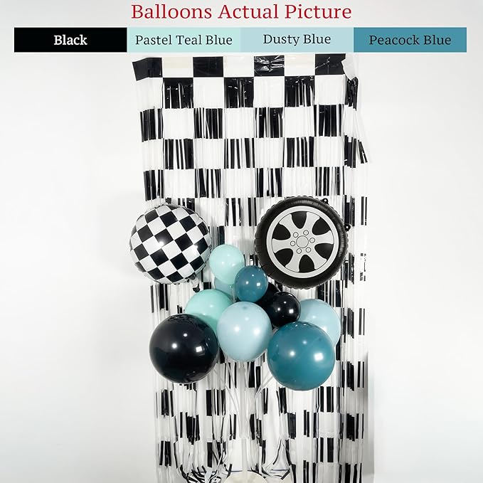 132Pcs Race Car Balloon Arch Garland Kit With Dusty Blue Teal Blue Black Checkered Wheel Balloons Checkered Fringe Curtain for Two Fast Theme Birthday Decorations, Fast One Party Backdrop