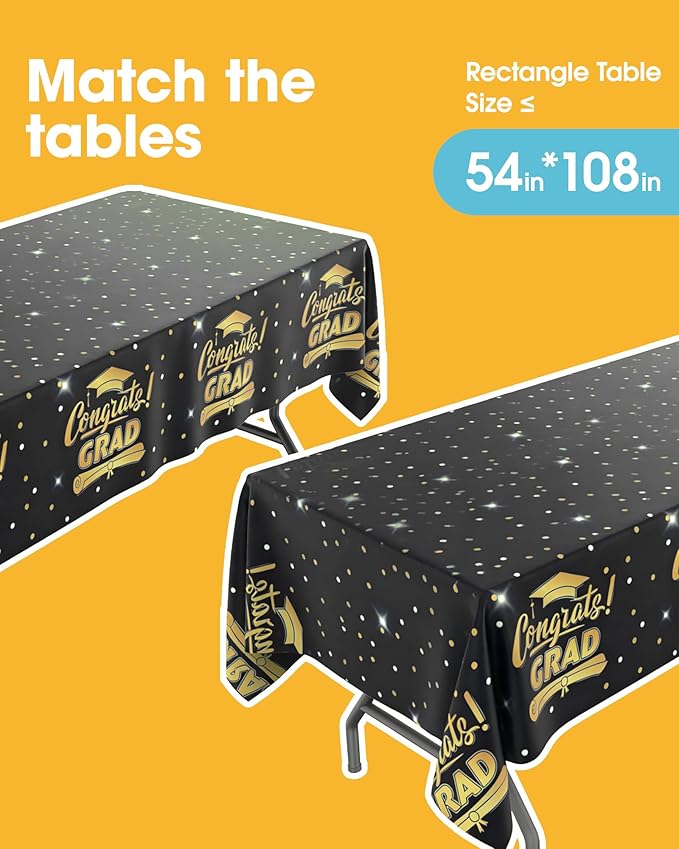 Graduation Black Plastic Table Cloth - 4 Pack 54" × 108" Rectangle Disposable Tablecloths for 6FT Tables, Table Cover for Party, Holiday & Gathering Use