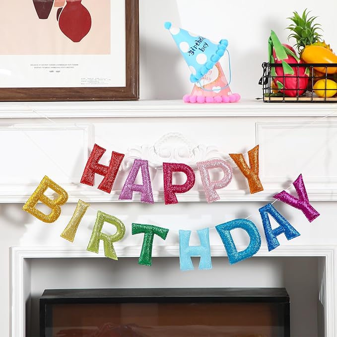 Tegeme Felt Happy Birthday Banner, Pre-strung Glitter Happy Birthday Garland Reusable Colorful Rainbow Decoration for Woman, Man Party Photo Prop(Classic,Yellow-green)