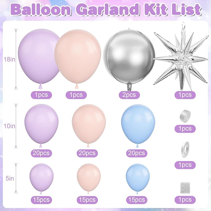 Pastel Balloon Arch Garland Kit with Macaron Blue Purple Orange Balloons Silver Star Foil Balloon for Birthday Baby Shower Wedding Party Decorations