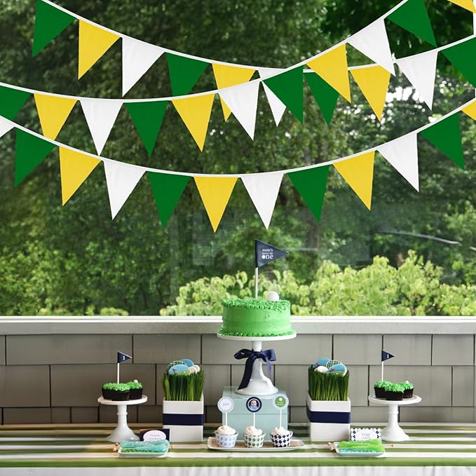 GCQQ 39Ft Yellow Green White Banner - 42PCS Cotton Pennant Banner Flags Spring Summer Triangle Golf Wall Banners for Football Banquets Birthday Wedding Tea Party Outdoor Patio Graduation Decoration