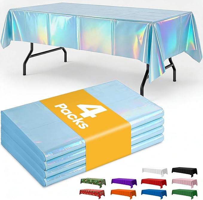 Iridescent Blue Plastic Table Cloth - 4 Pack 54" × 108" Rectangle Disposable Tablecloths for 6FT Tables, Table Cover for Party, Holiday & Gathering Use