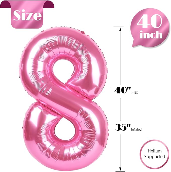 Pink 8 Balloon, Number Balloons 40 Inch, 8th Birthday Decorations for Girls, Birthday Balloons, Pink Party Supplies, Number 8 Balloon