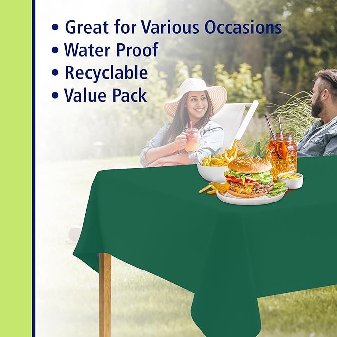 Party Dimensions Green Disposable Plastic Tablecloth for Rectangle Tables (48 Pack) Premium Decorative Table Cloths for Parties, Events & Weddings, Indoors & Outdoors, 54 x 108 inches