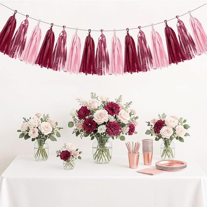 Rose-Gold Pink Burgundy Party Decorations - 15Pcs Tissue Paper Tassel Garland Birthday Decorations Valentines Day Decorations Baby Girl Shower Women Bridal Wedding Engagement Bachelorette HongTongTong