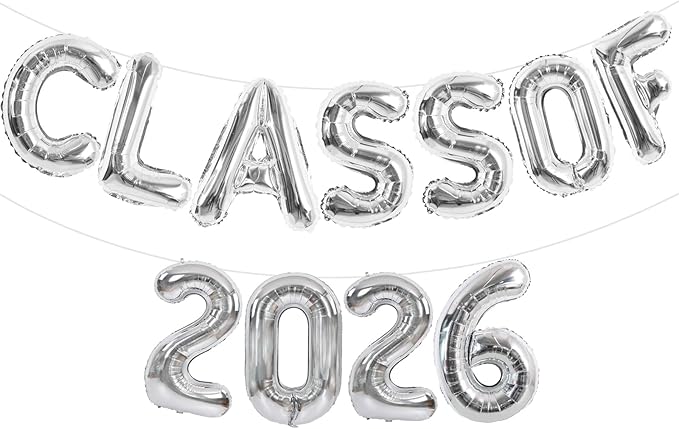 TONIFUL Silver Class of 2026 Graduation Balloon Banners Foil Balloons Decorations 2026 Congrats Grad Balloons for Class of 2026 Congratulation Graduations Party Supplies