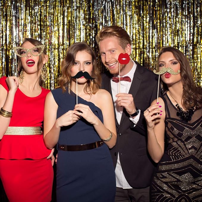 Fully Assembled Hollywood Photo Booth Props - Set of 27 - Black Gold Red Selfie Signs - Movie Night Themed Party Supplies & Decorations - Cute Oscars Designs with Real Glitter - Did We Mention No DIY